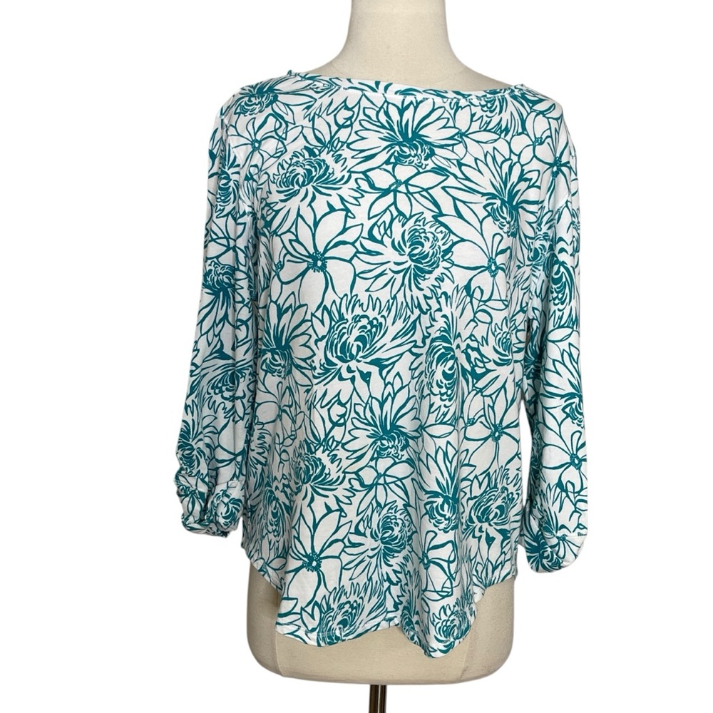Hot Cotton Floral Top Size Large White Teal All Over Print Roll Tab Sleeves